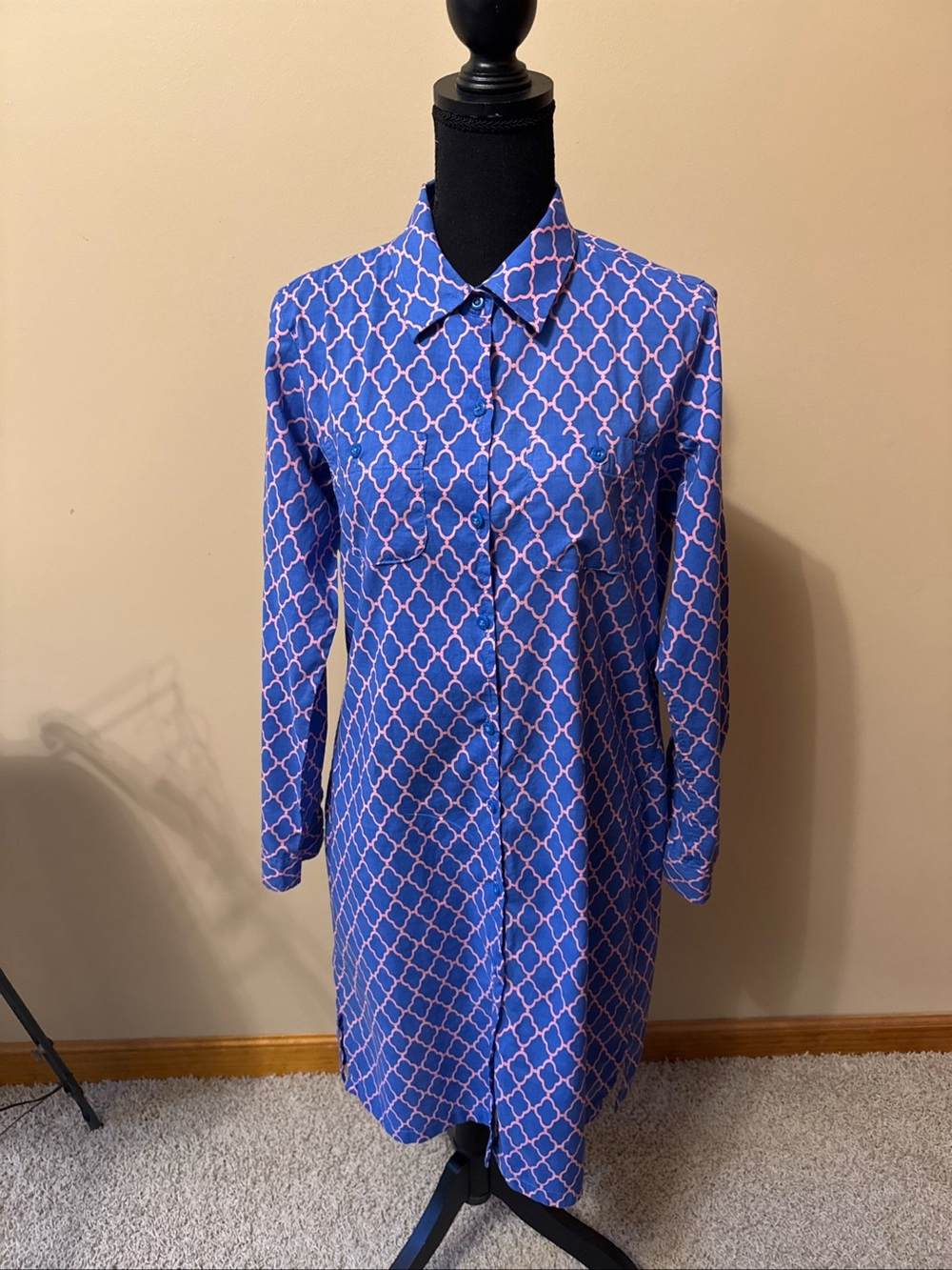 Blue Midi Shirt Dress with Pink Geometric Print